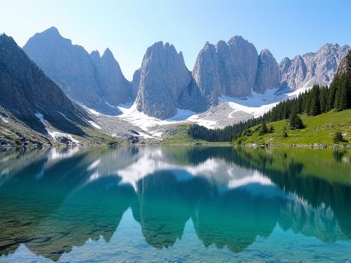 Glasklarer Bergsee in den Dolomiten reflektiert die umliegenden Gipfel.