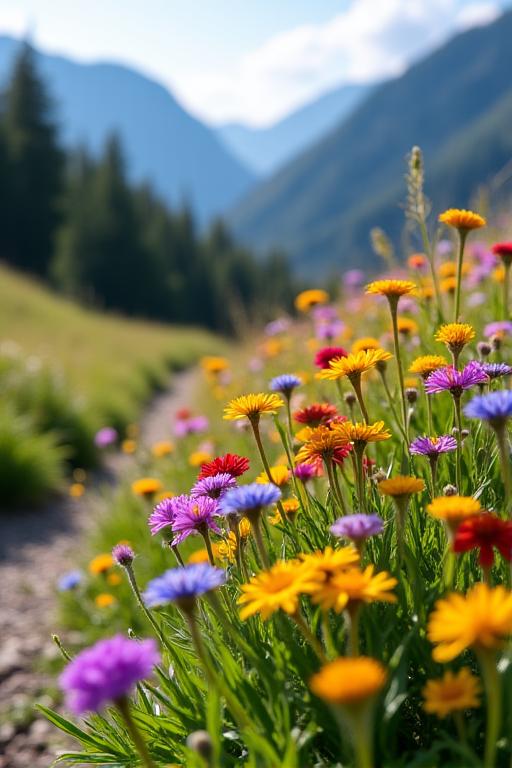 Bunte Alpenblumen am Wegesrand einer Wanderroute.