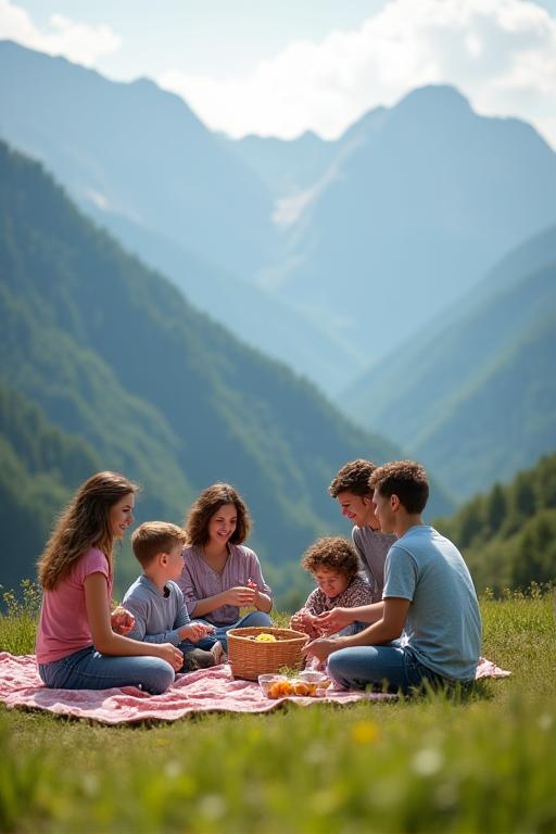 Familie macht Picknick mit Blick auf die Berge.
