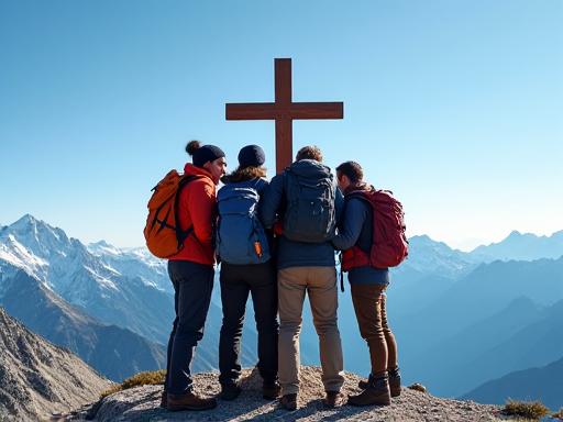 Eine Gruppe von Wanderern umarmt sich am Gipfelkreuz.