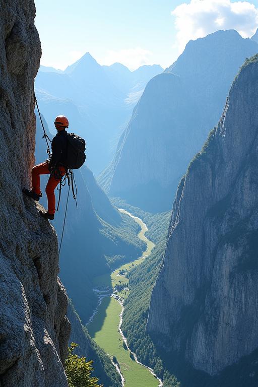 Ein Kletterer auf einem ausgesetzten Klettersteig mit tiefem Blick ins Tal.