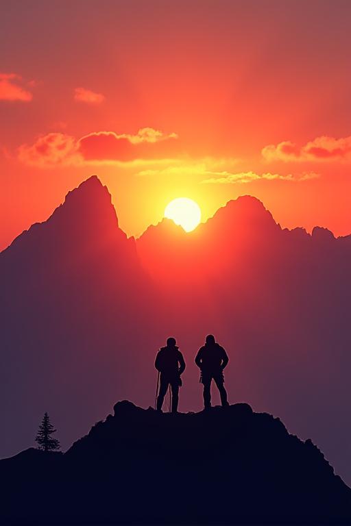 Zwei Silhouetten von Bergsteigern beobachten den Sonnenaufgang in den Alpen.