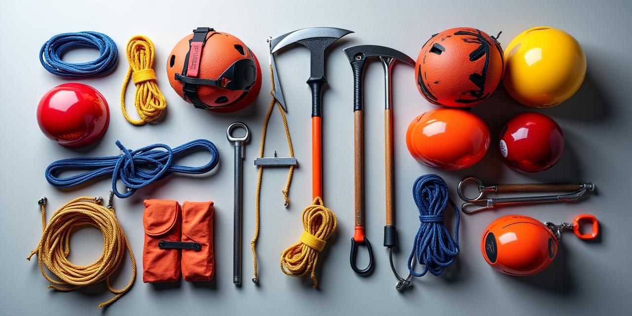 Hochwertige Bergsportausrüstung wie Seil, Helm und Eispickel, sorgfältig angeordnet.