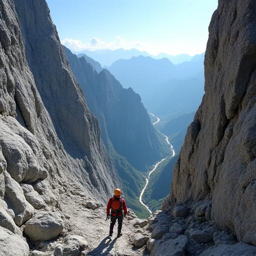 Eine Person auf dem anspruchsvollen Dachstein-Klettersteig.